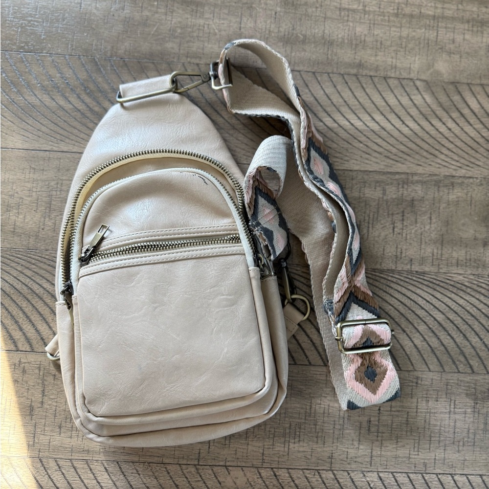 Pink Lily Cream Crossbody Sling Bag with Patterned Strap